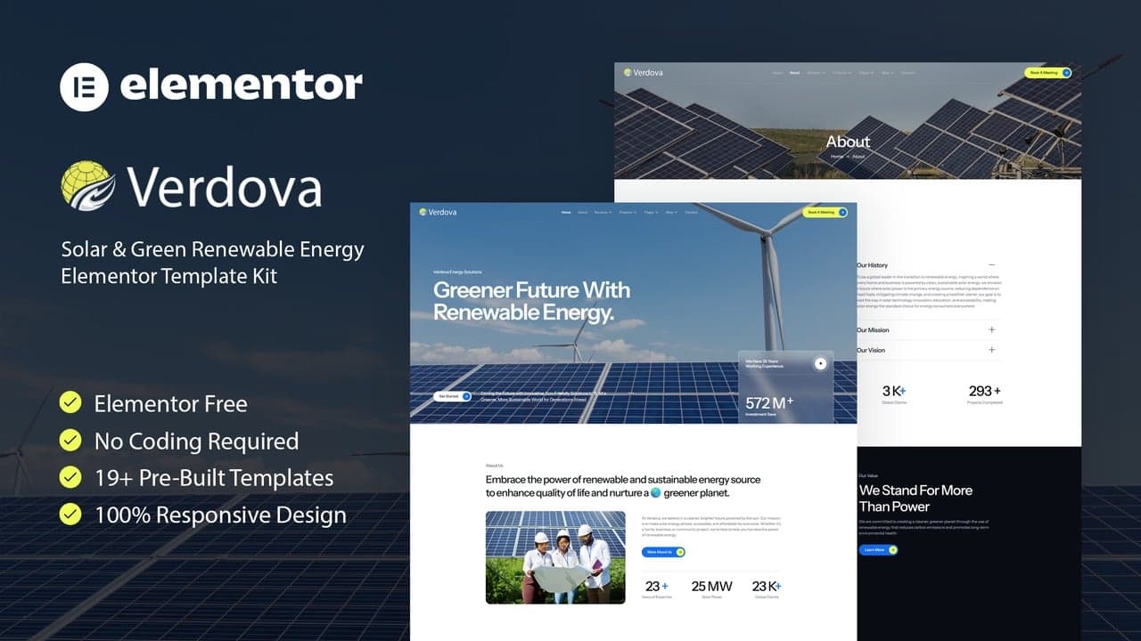 Verdova - Solar & Green Renewable Energy Elementor Template Kit full template preview