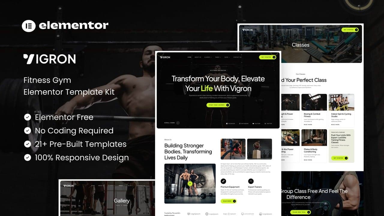 Vigron - Fitness Gym Elementor Template Kit full template preview