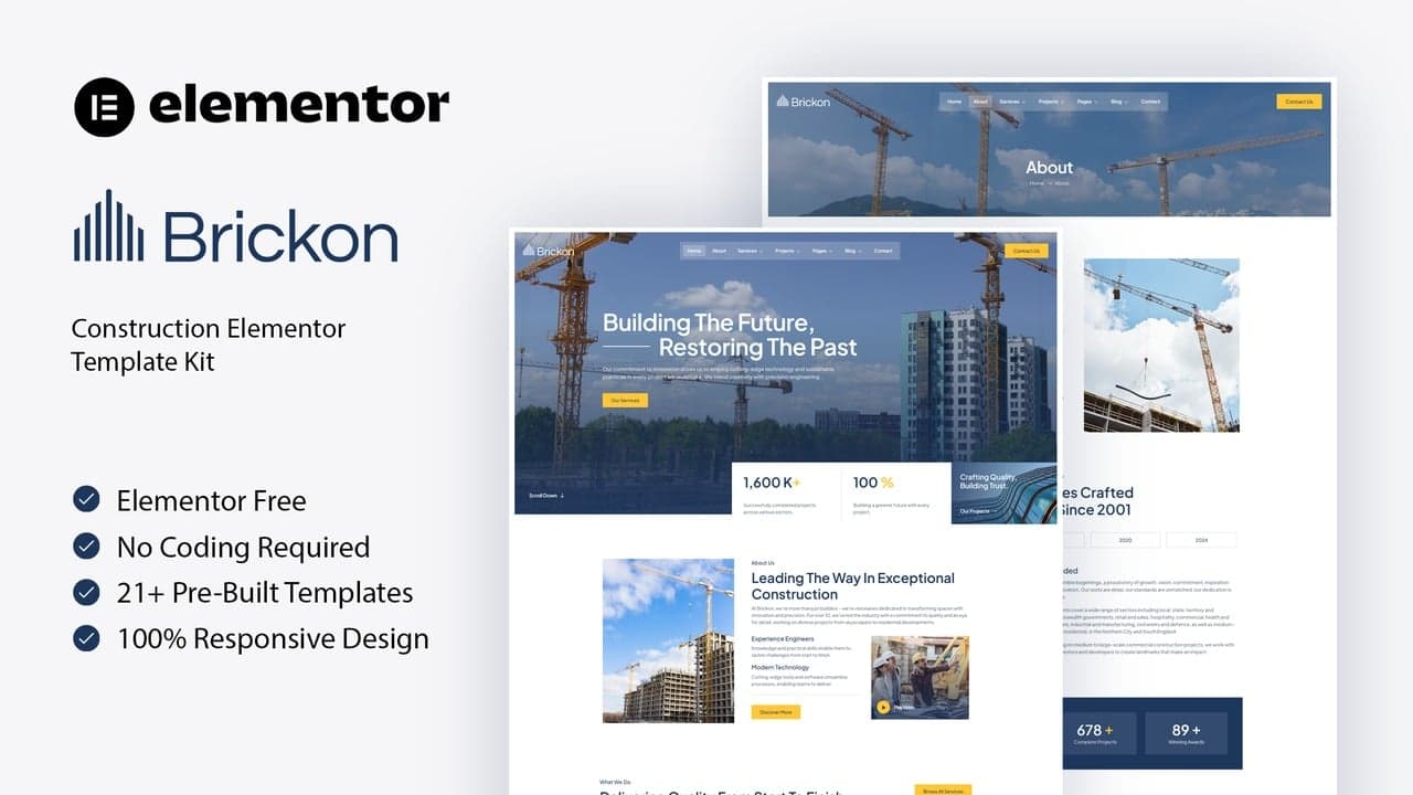 Brickon - Construction Elementor Template Kit full template preview