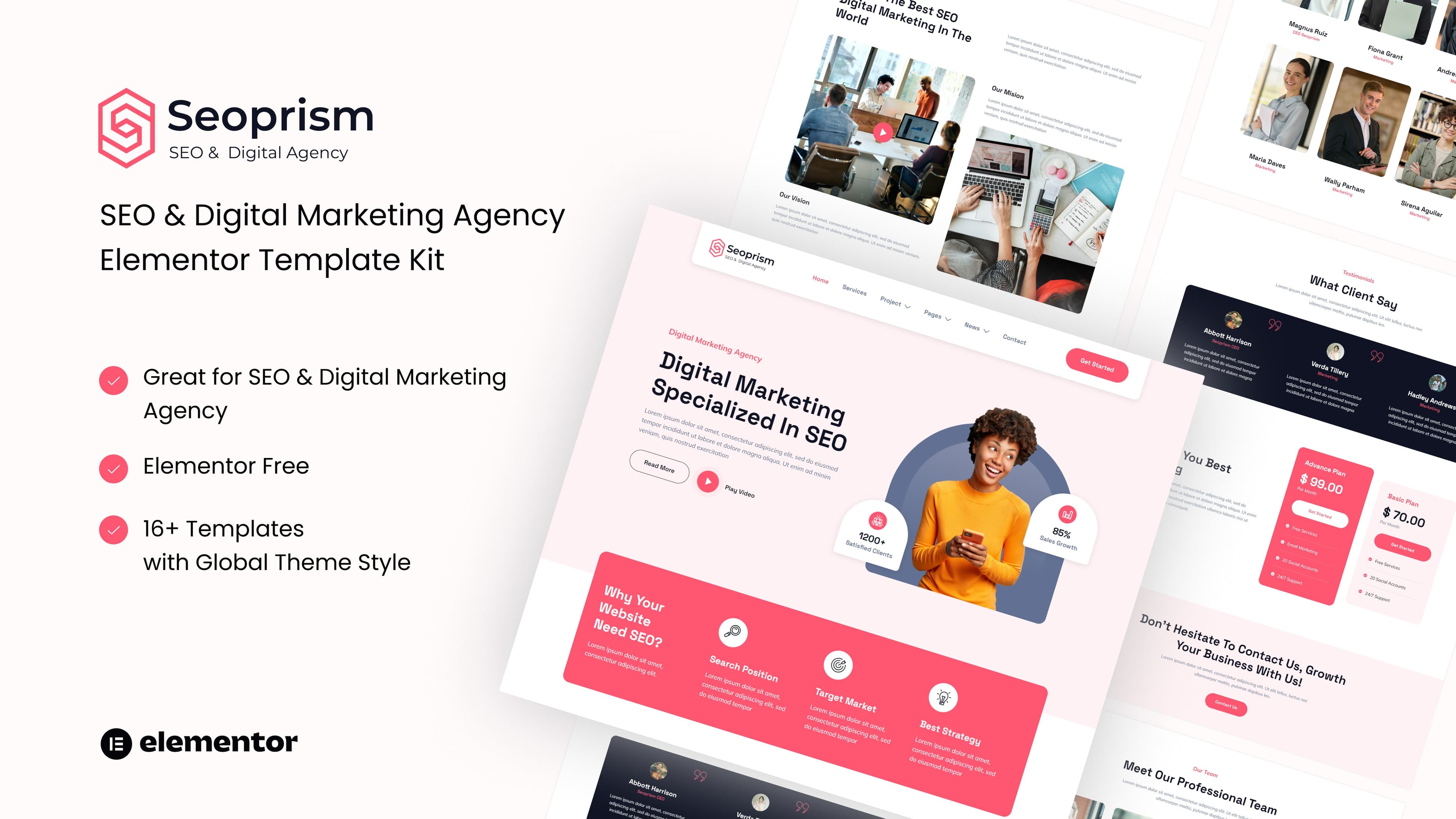 Seoprism - SEO & Digital Agency Elementor Template Kit full template preview