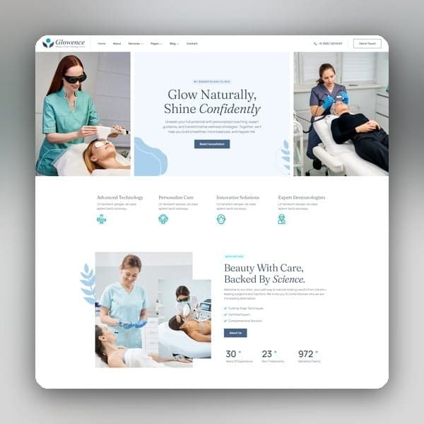 Glowence - Beauty Clinic & Dermatology Elementor Template Kit, Elementor template preview