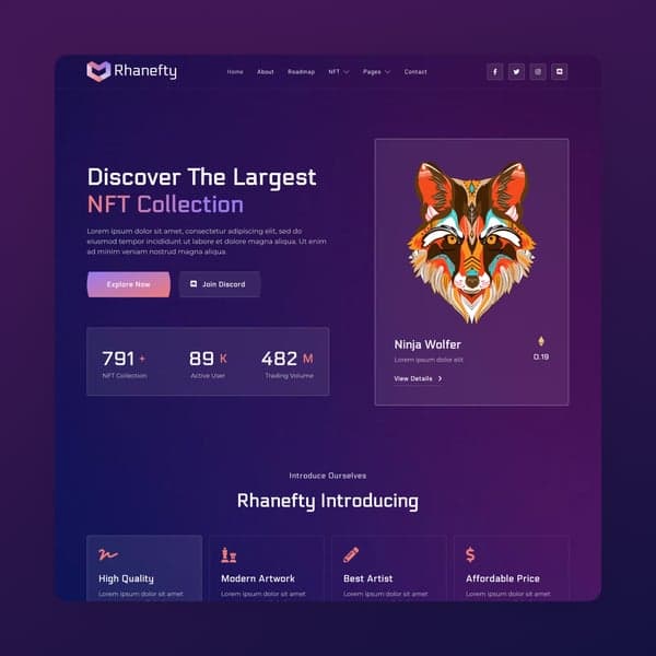 Rhanefty - NFT Portfolio Elementor Template Kit, Elementor template preview
