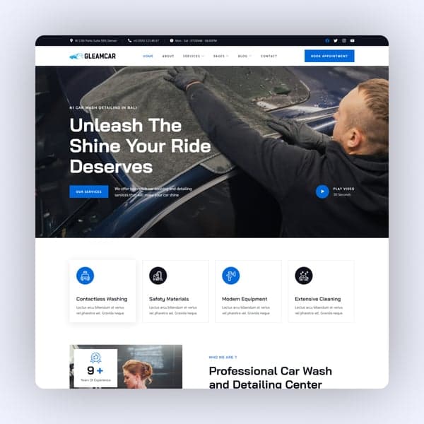 Gleamcar - Car Wash & Detailing Service Elementor Template Kit, Elementor template preview