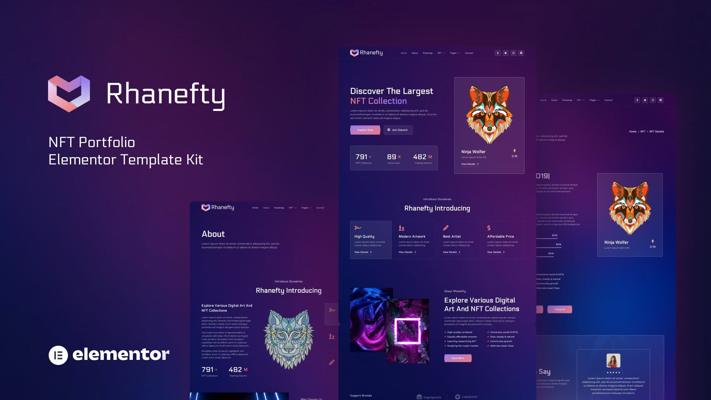 Rhanefty - NFT Portfolio Elementor Template Kit full template preview