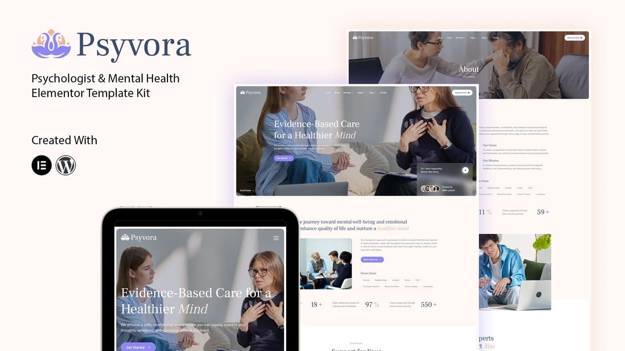 Psyvora - Psychologist & Mental Health Elementor Template Kit full template preview